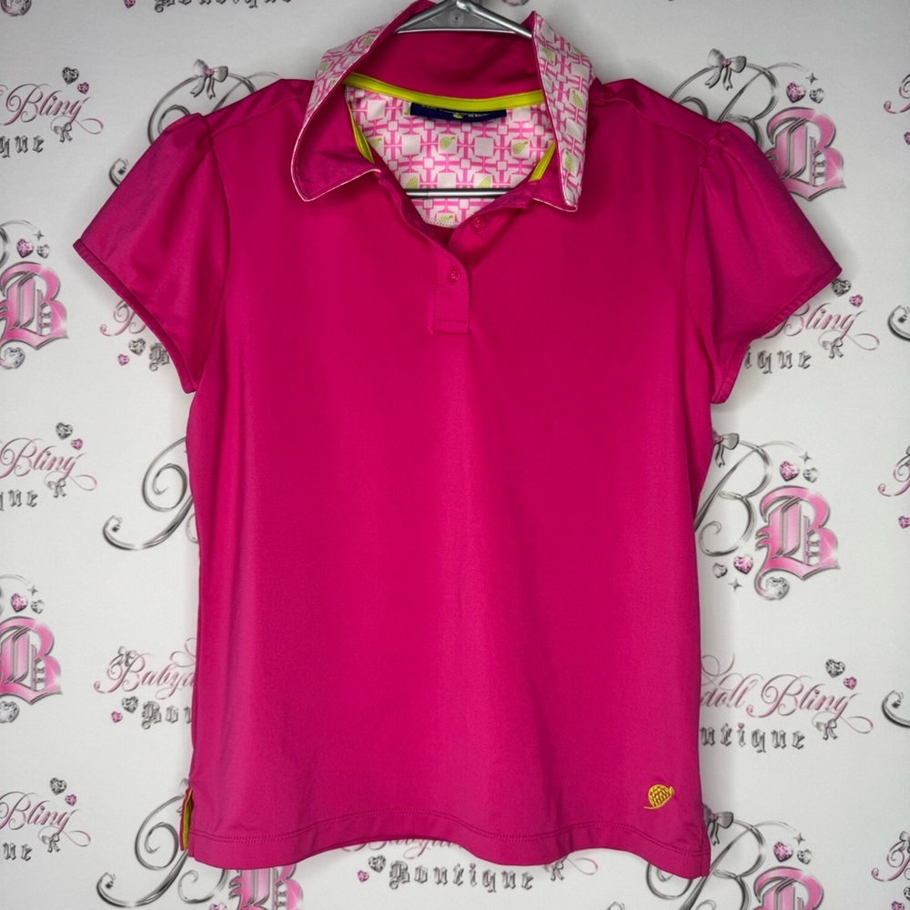 Turtles & tees Pink Polo Shirt Patterned Collar golf pink lime green